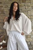 Ginny Gingham Balloon Sleeve Blouse Latte